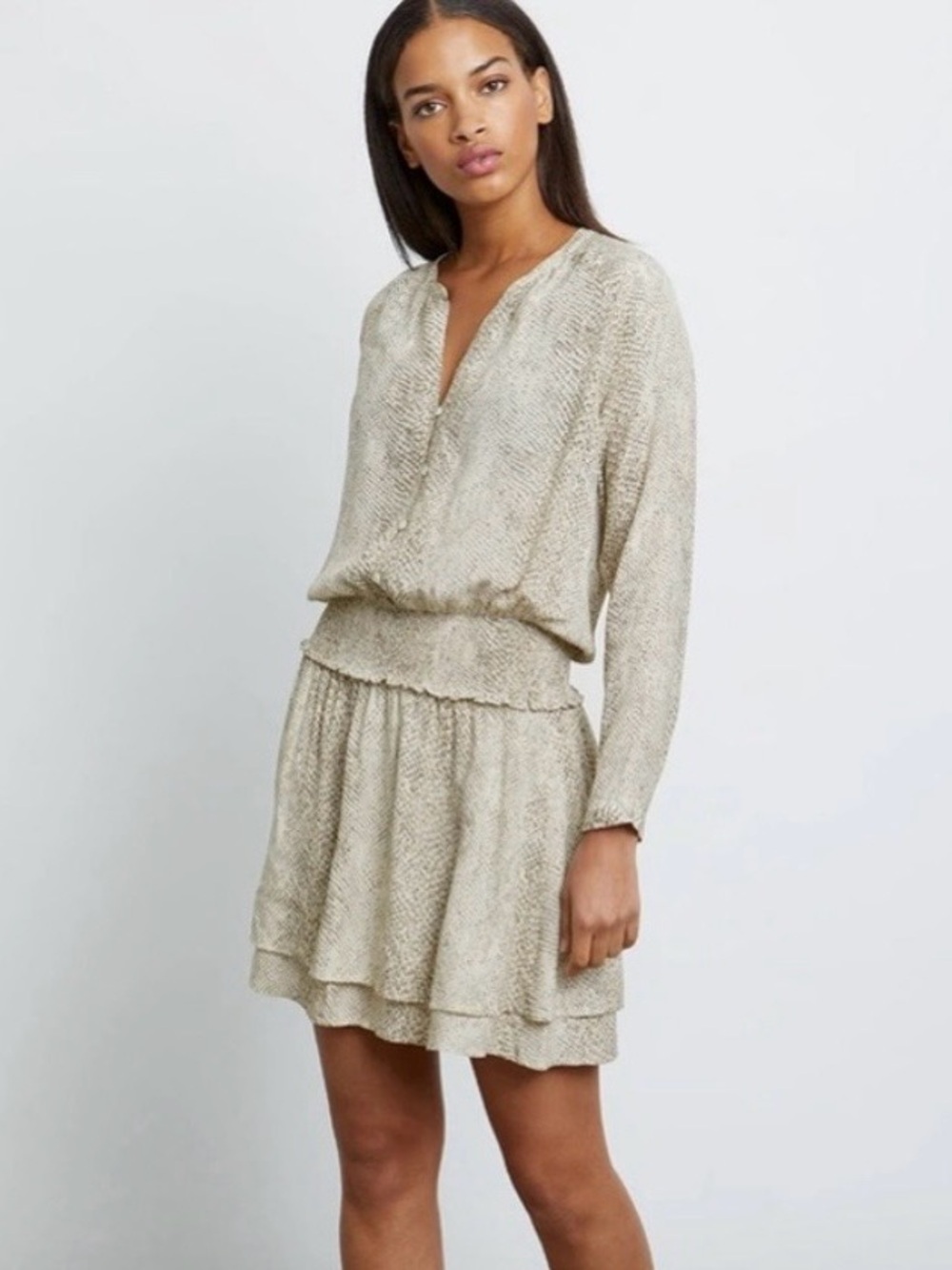RAILS Jasmine Long Sleeve Smocked Waist Flowy Mini Dress Cream Snakeskin Sz XS